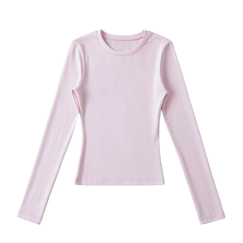 LUNDUNSHIJIA O-neck Long Sleeve T-shirts For Women 2025 New Spring Ladies Solid Cotton Slim Tee Shirts 10 Colors