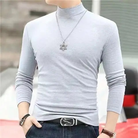 Korean Clothing Blouse Oversize Golf Wear Casual Full Cotton Men's Turtleneck Base Shirt Simple Solid Color Long Sleeve Tops Tee