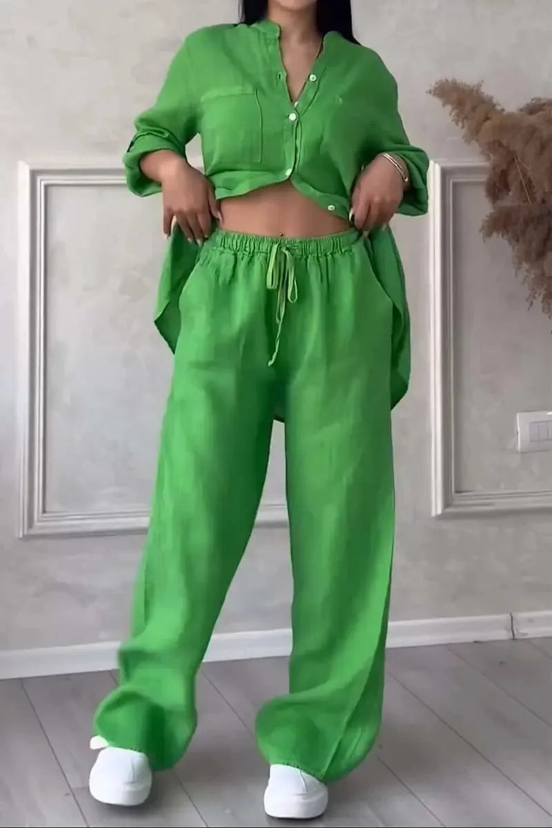 Spring Autumn Cotton Linen Long Sleeved shirt + Long Pants Two-piece Set Women Casual V-neck Shirt Drawstring Wide leg Pant Suit