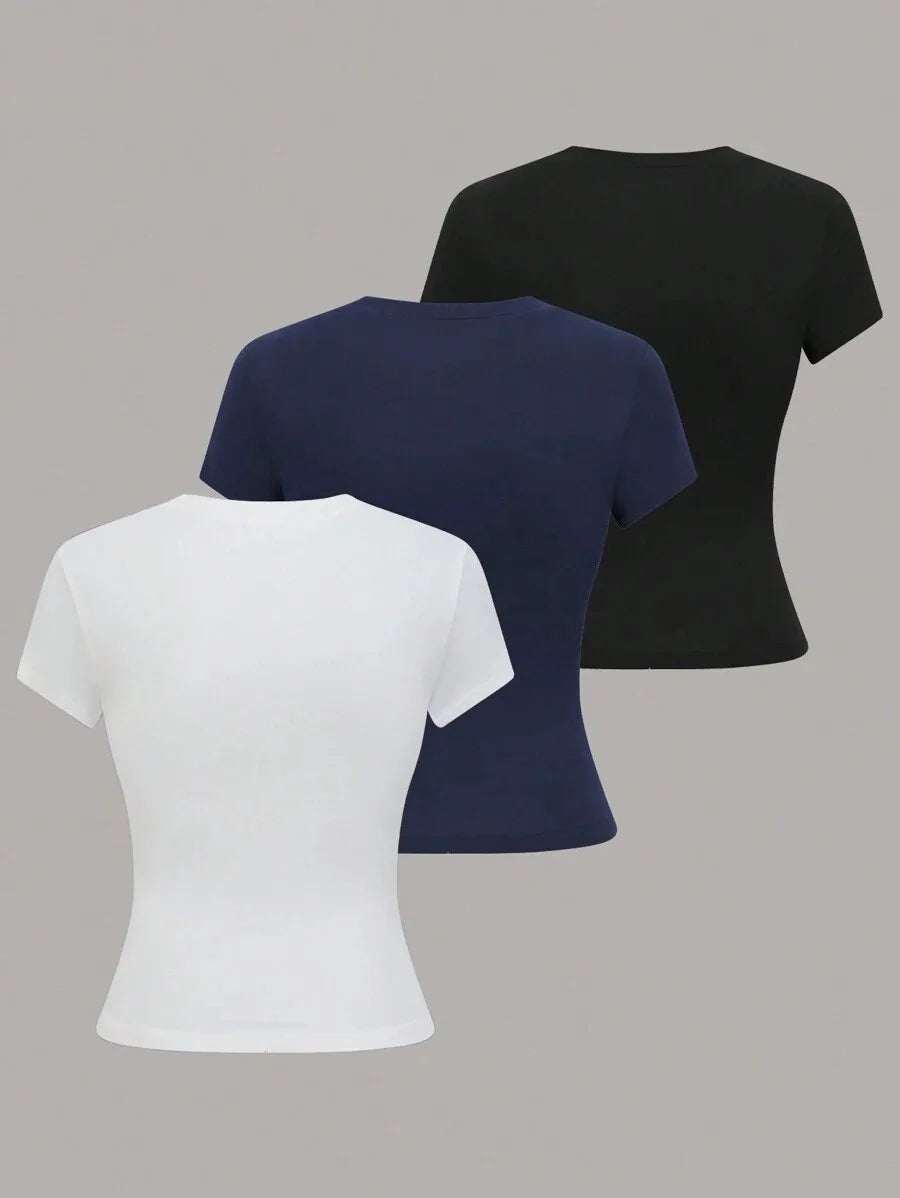 3pcs Sale Women's T-shirts Summer Round Collar Short Sleeve Slim Solid Color Tee Tops YDFS-53001