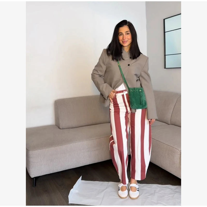Red White Striped Balloon Pants Women's Elastic Waist Wide Leg Baggy Casual Trouser 2026 Summer New Streetwear Loose Fit Pants