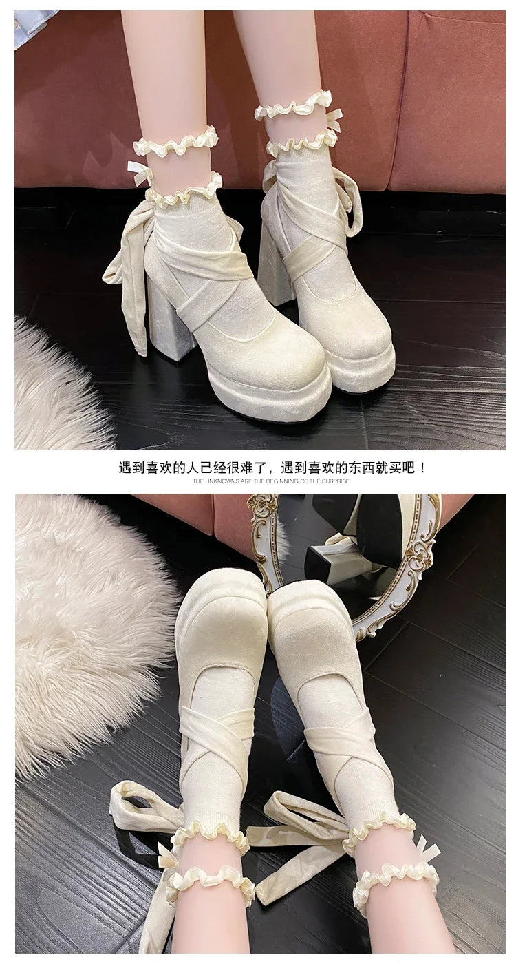 Platform Mary Janes Shoes Women Suede Luxury High Heel Lace Up Trend Lolita Shoes Elegant Chunky Party Pumps Sandalias Muje