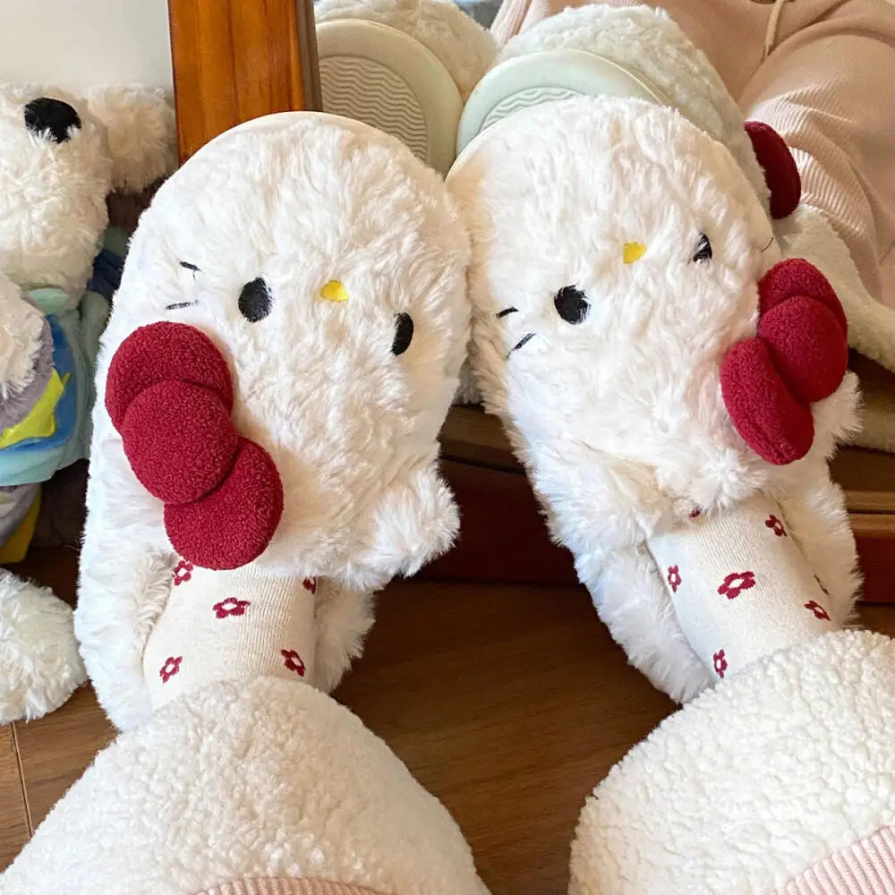 New Cartoon Hello Kitty Plush Slippers Sanrio Cute Female Anime Autumn Winter Home Plus Velvet Warm Thick Sole Baotou Slippers