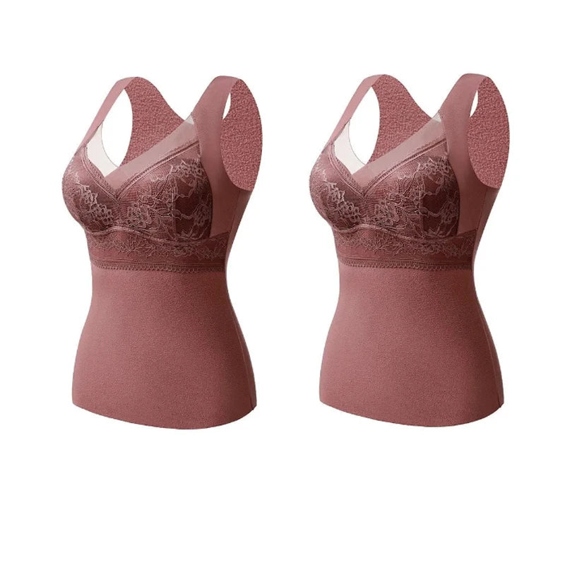 2pcs Woman Thermal Underwear Thermo Lingerie Winter Soft Warm Top Wear Thermo Vest  Undershirt Intimate Lace with Bra Padded