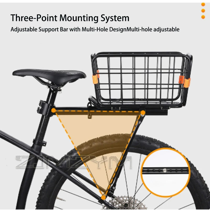 Black Aluminum Alloy Bicycle Cargo Carrier Bike Rear Rack with Removable Basket Quick Release Adjustable Luggage Rack 75kg Max