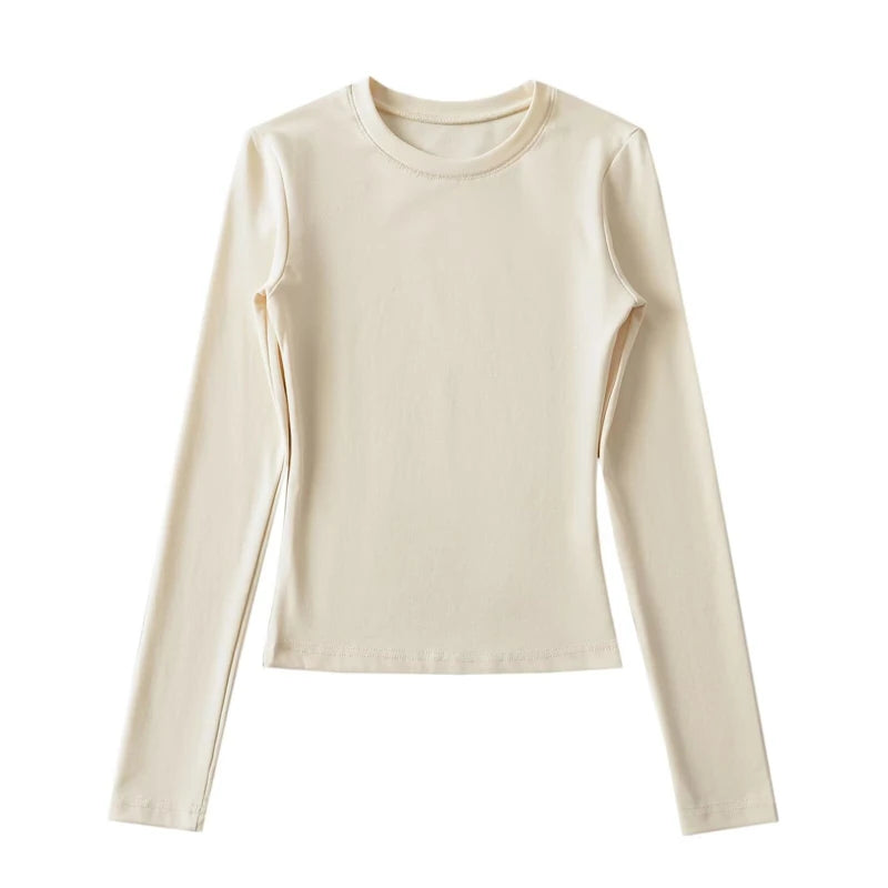 LUNDUNSHIJIA O-neck Long Sleeve T-shirts For Women 2025 New Spring Ladies Solid Cotton Slim Tee Shirts 10 Colors