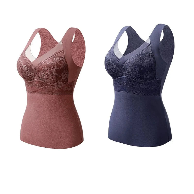 2pcs Woman Thermal Underwear Thermo Lingerie Winter Soft Warm Top Wear Thermo Vest  Undershirt Intimate Lace with Bra Padded