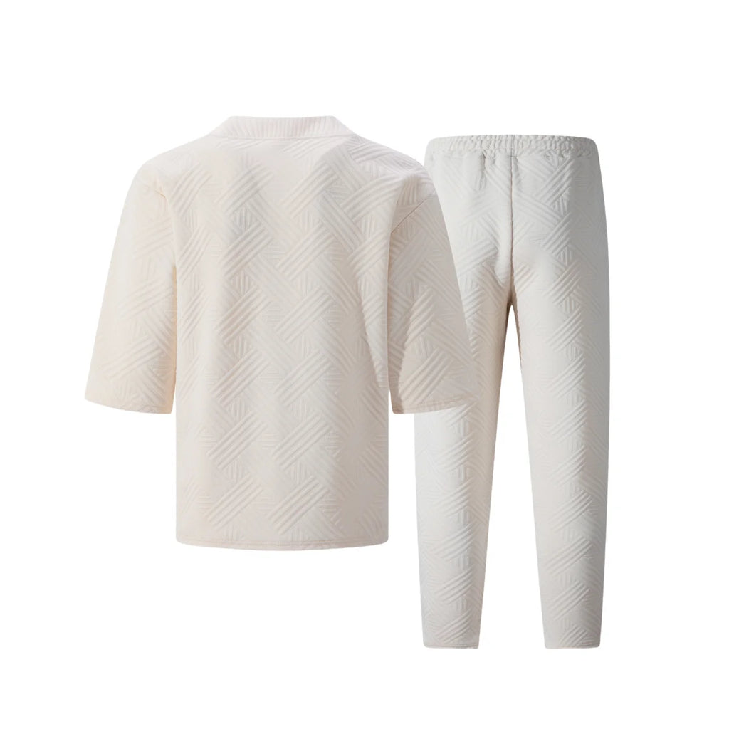 2026 Men's Spring Autumn Geometric Textured 2 Piece Set V-Neck Short Sleeve Top & Drawstring Pants Tracksuit