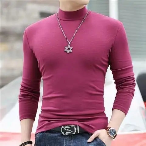 Korean Clothing Blouse Oversize Golf Wear Casual Full Cotton Men's Turtleneck Base Shirt Simple Solid Color Long Sleeve Tops Tee