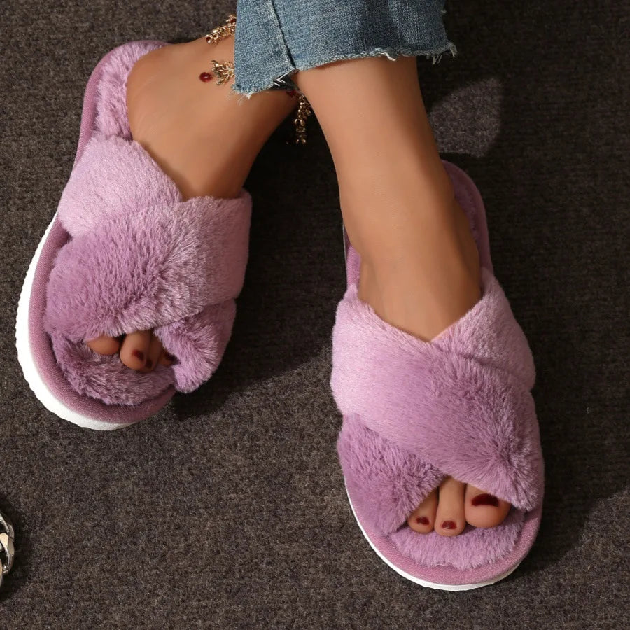 Women’s Cross Band Fur Slippers Indoor Furry Fuzzy Open Toe Shoes Home Cozy Warm Slides Double Straps Slipper Soft Sole Non Slip