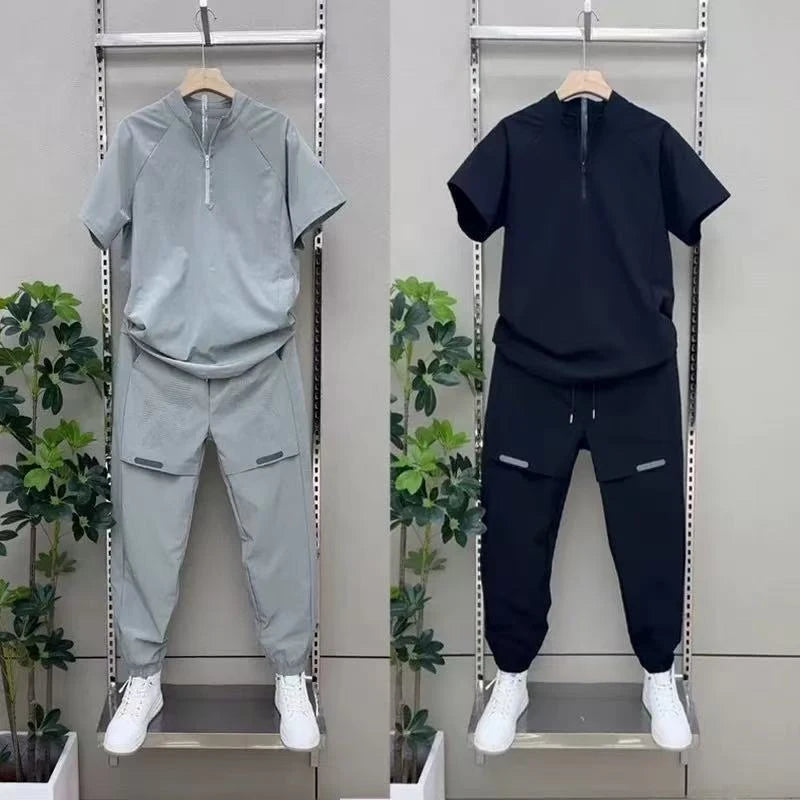 New Men 2 Piece Set Half Zip Stand Collar Loose Quick Dry Breathable Short Sleeve T Shirt Sports Pants Casual Tracksuit