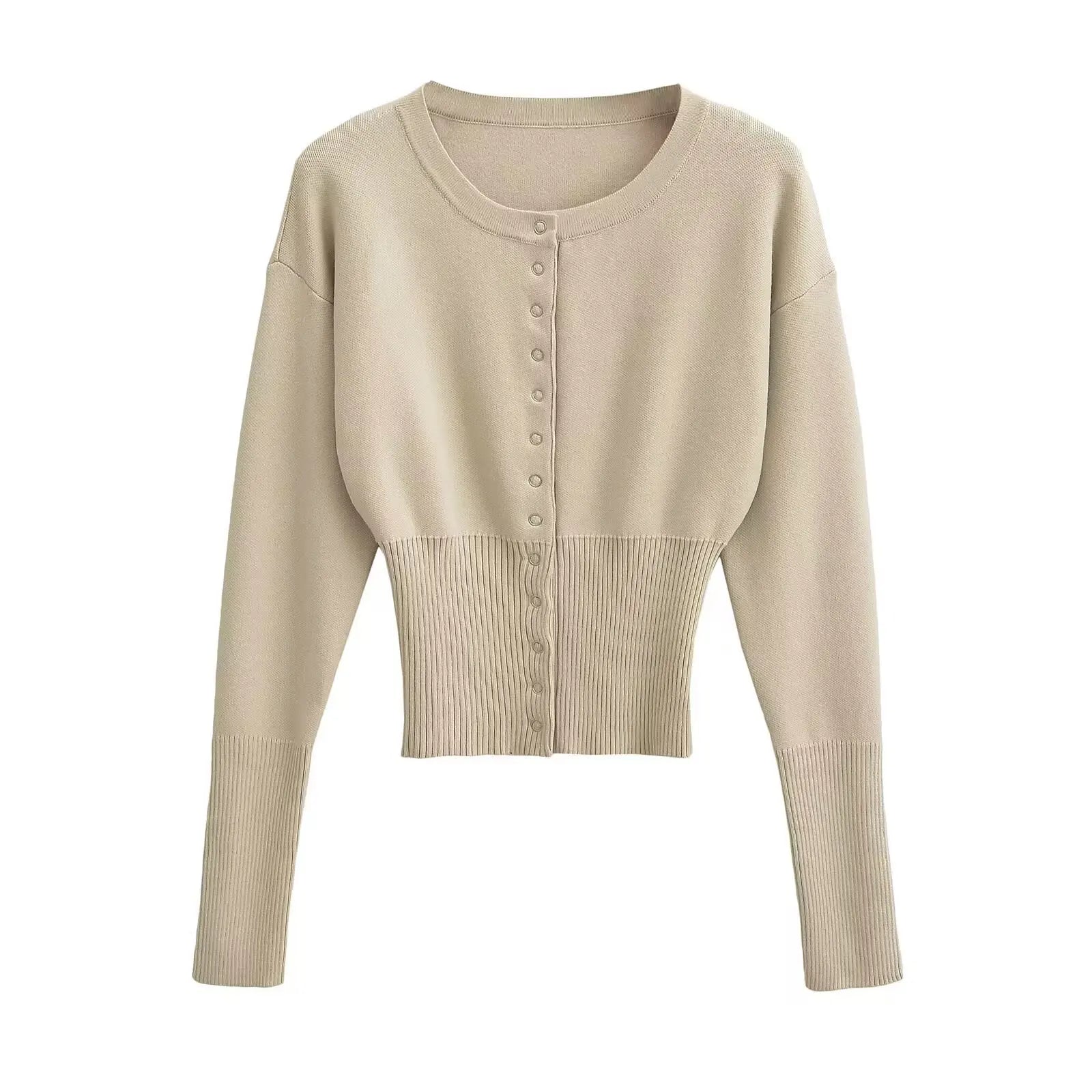 Women's Knitted Fitted Cardigan Elegant Long Sleeve Tops Sweater Knitwears Top Female Clothing 2025 Fall Black Brown White Blue
