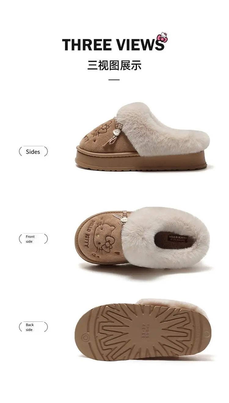 Cartoon Sanrio Hello Kitty Thick Sole Plush Cotton Slippers Anime Women's Winter Warm New Anti-Slip Wear-Resistant Home Shoes