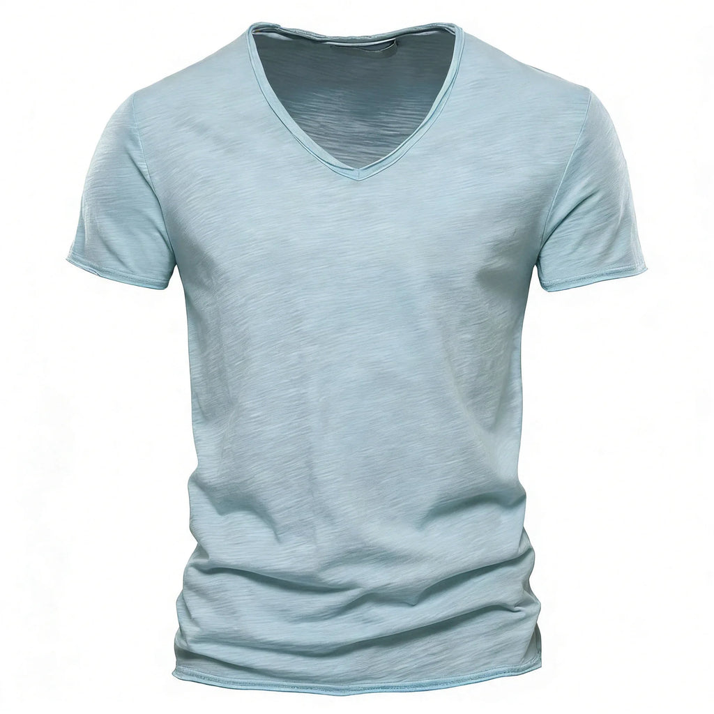 S-5XL 100% Cotton Men's T-Shirts Fashion Design V-neck Casual Slim Fit Basic Solid Summer T Shirt For Men-F037