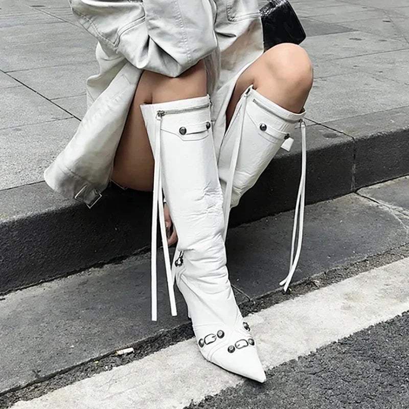 New Women Knight High Boots Fashion Tassels Side Zippers Ladies Elegant Pointed Toe Long Booties Women's Footwear