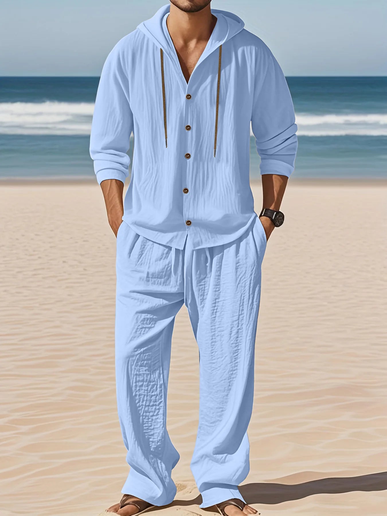 Men's Linen Long-Sleeved Shirt And Pants Set Breathable Outdoor Leisure Hiking Beach Sports Clothing for Spring Summer Autumn