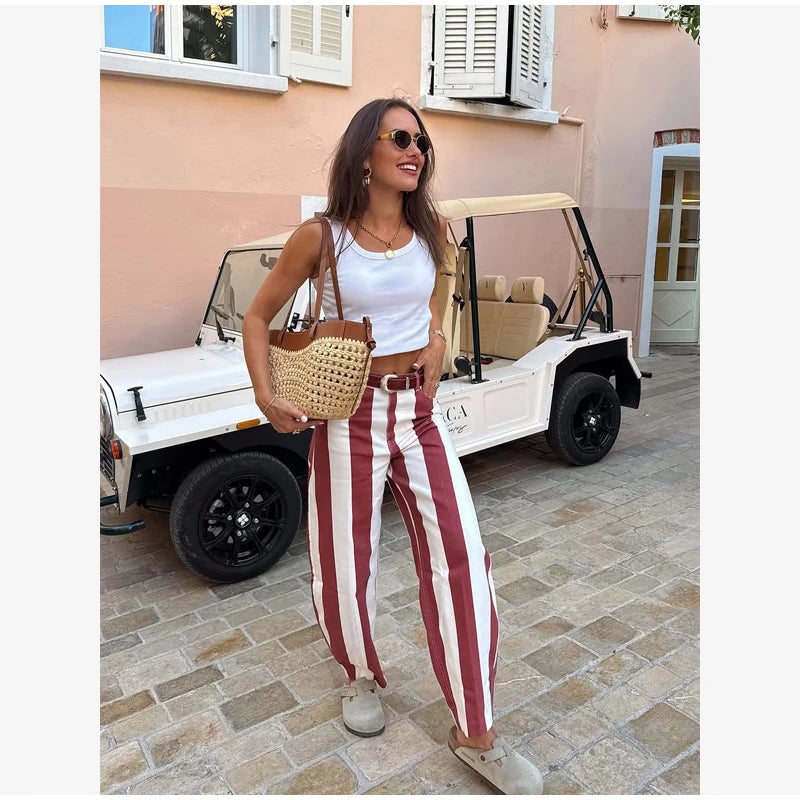 Red White Striped Balloon Pants Women's Elastic Waist Wide Leg Baggy Casual Trouser 2026 Summer New Streetwear Loose Fit Pants