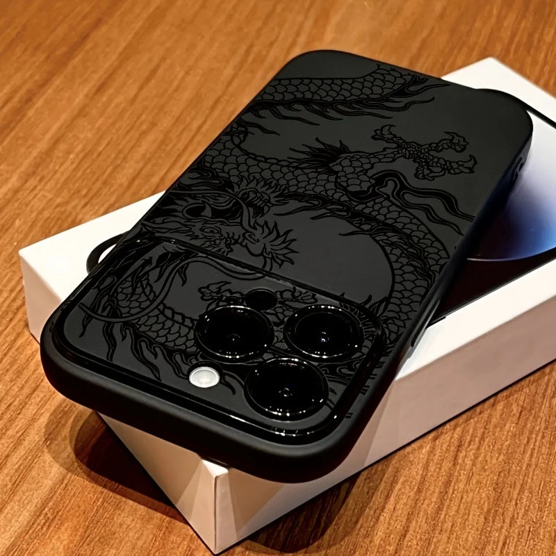 Linear Dragon Pattern Black Handy Window Phone case For iPhone 11 12 13 14 15 16 17 Air Pro Max XR XS X Plus Silicone INS Covers