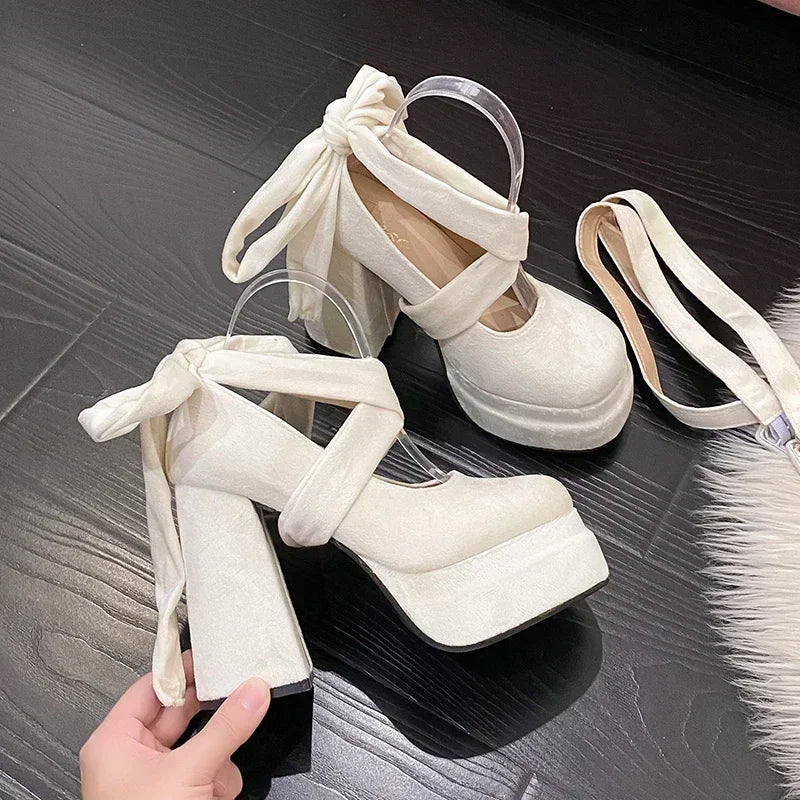 Platform Mary Janes Shoes Women Suede Luxury High Heel Lace Up Trend Lolita Shoes Elegant Chunky Party Pumps Sandalias Muje