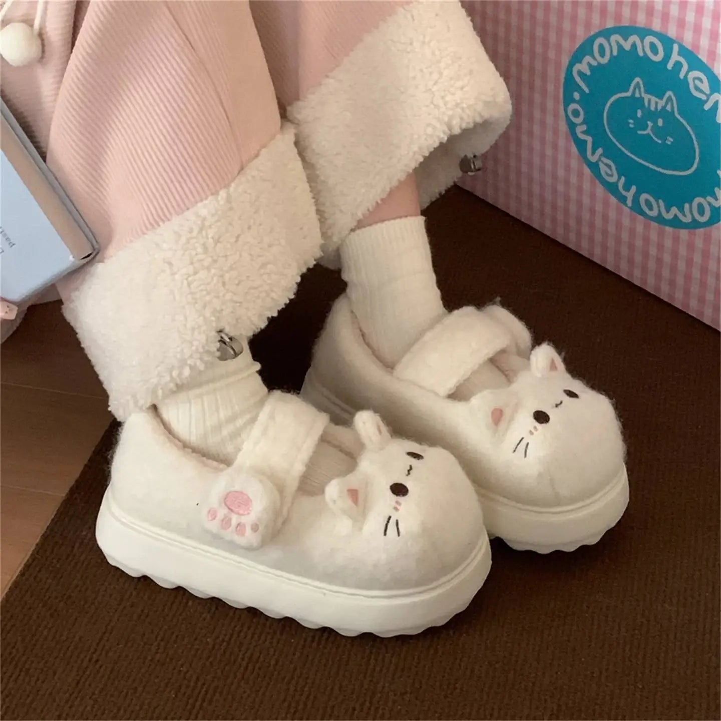 New fuzzy house slippers woman sweet furry cat designer mary janes shoes for women thick sole home slipper floor shoes bedroom