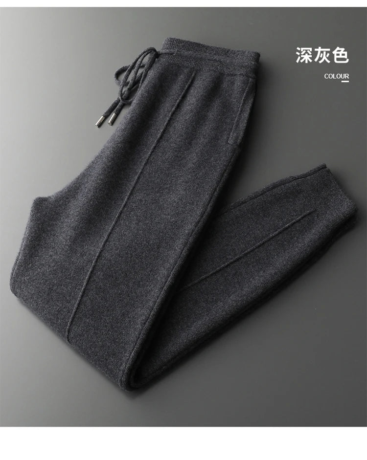 Autumn and Winter Thickened High Waisted 100% Merino Wool Men's Pants Small Leg Pants Casual Business Knitted Sweatpants Warm