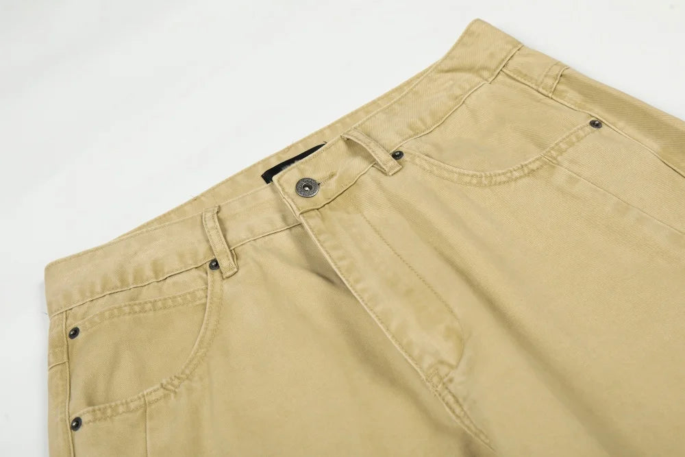 Pocket Embroidery Banana Jeans Mens Solid Color Washed Distressed Retro Casual Baggy Wide Leg Denim Trousers Man