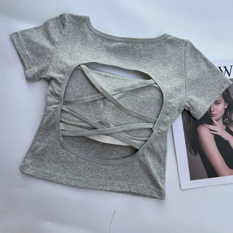 T-shirt Woman Clothing Square Neckline Tops Short Sleeve Crop Top with Bras for Women Girls Sexy Street Wear Backless Top Tees