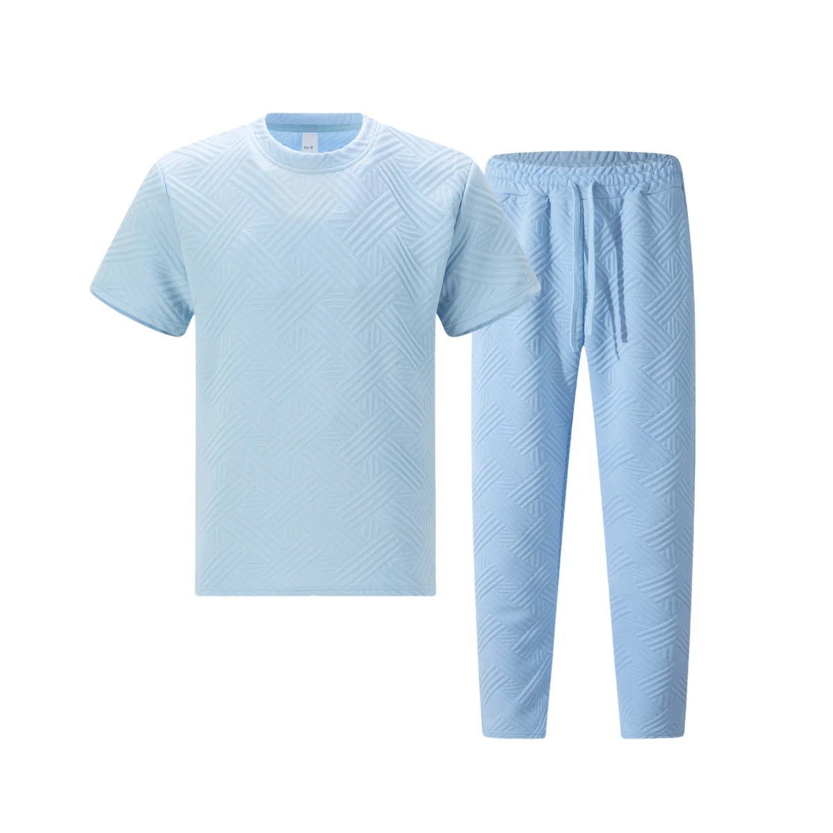 Men's Summer Jacquard Knit Two-Piece Set Casual Crew Neck T-Shirt and Pants Street Retro Solid Color Outfit
