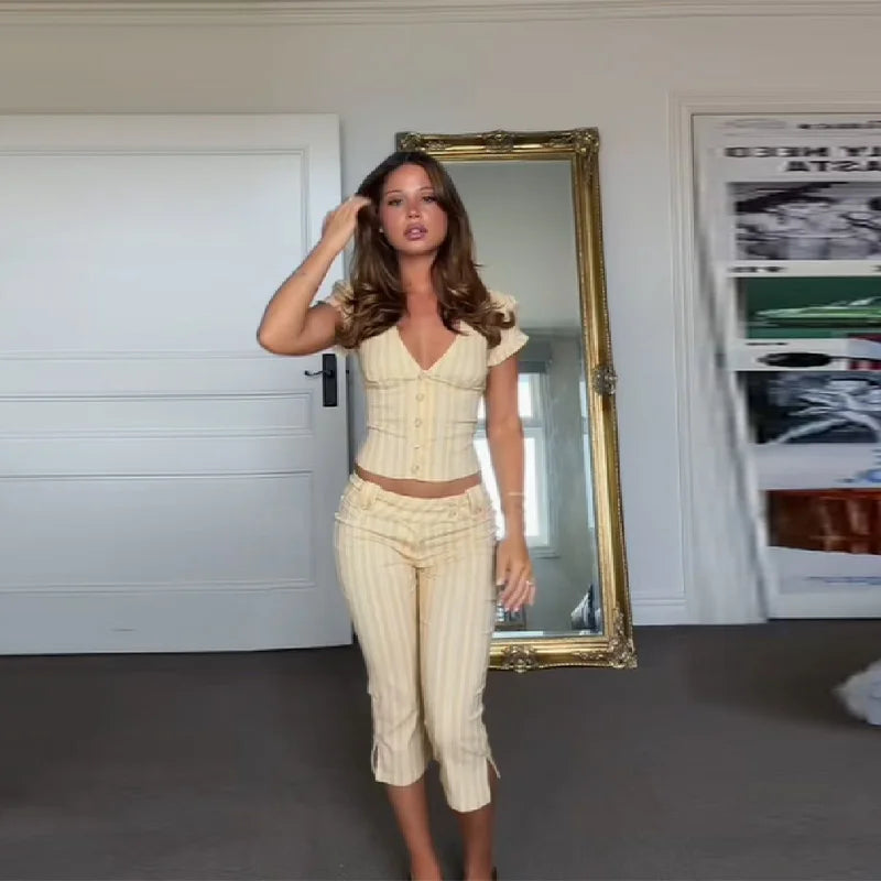 Elegant Cozy Stripe V-neck Slim Tops Capri Pants Set Personality Short Sleeve Blouse Straight-leg Pants Lady Popular Casual Wear