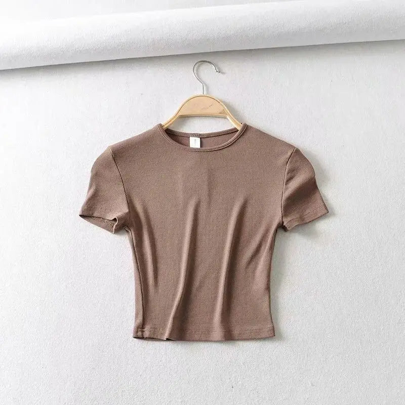 Summer Woman Slim Fit t-shirt tight Cotton Short-Sleeve O-neck tee Crop Tops