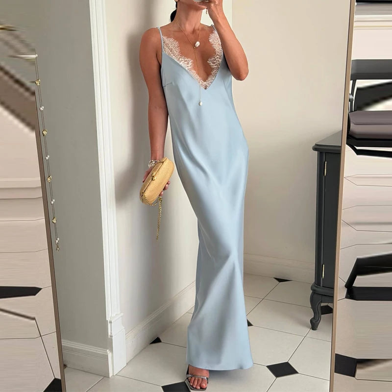 Elegant Solid Color Slim Women's Dress Summer Sexy Lady Hollow Out Vestidos Dress Fashion V-neck Lace Spliced Satin Maxi Dress