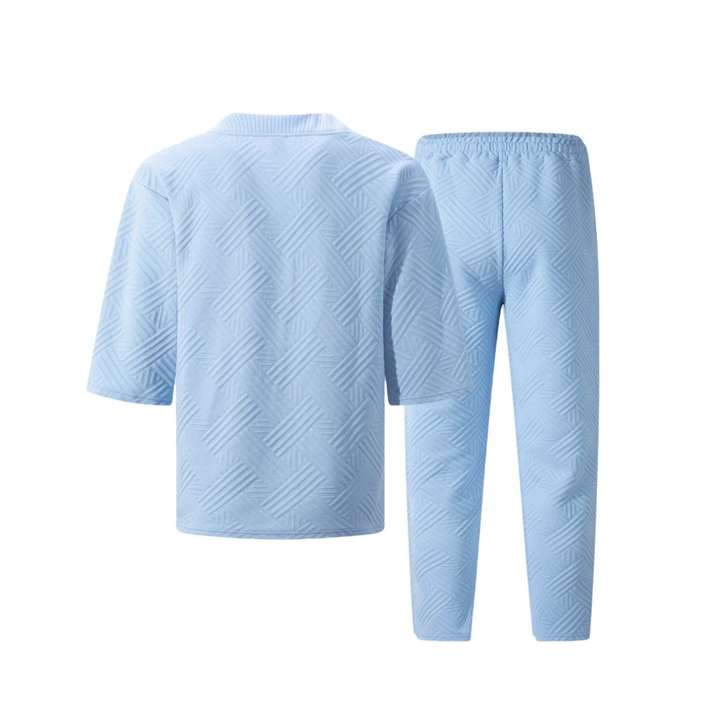 2026 Men's Spring Autumn Geometric Textured 2 Piece Set V-Neck Short Sleeve Top & Drawstring Pants Tracksuit