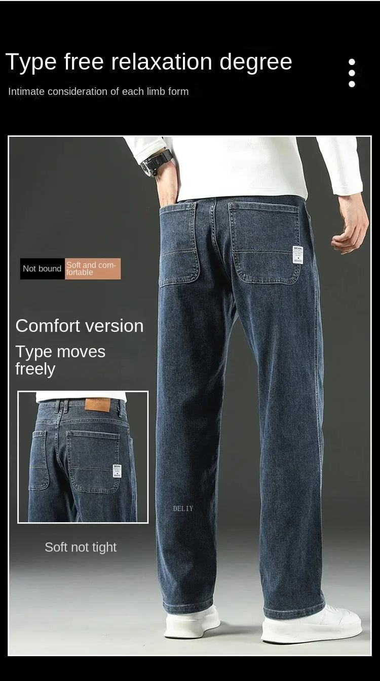Autumn Winter  Brand New High Waist Jeans Classic Business Casual Office Men's Fashion Stretch Slim Denim Jeans Navy Blue