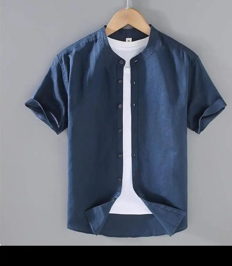 Men's Cotton Linen Short-Sleeved Shirt Summer Streetwear Plain Color Stand Collar Casual Beach Style plus Size M-3XL