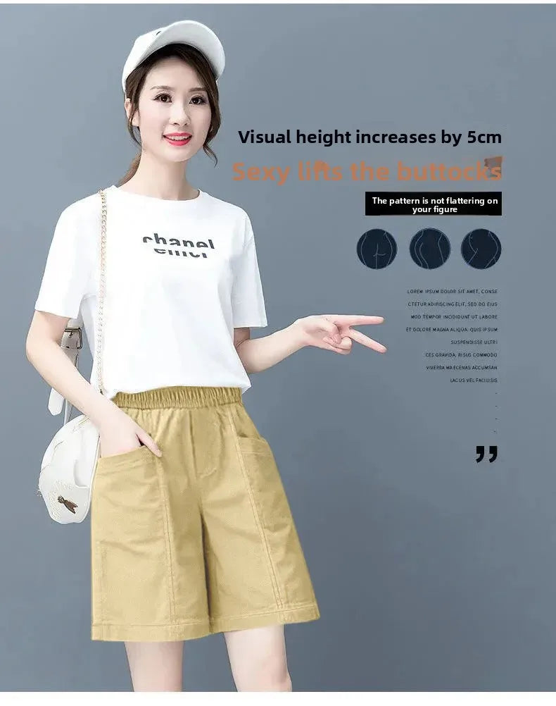Summer Casual Loose High Waist Slimming Cotton Wide Leg Five-Quarter Length Women's Shorts Versatile Workwear Style Shorts