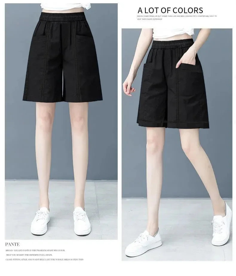 Summer Casual Loose High Waist Slimming Cotton Wide Leg Five-Quarter Length Women's Shorts Versatile Workwear Style Shorts