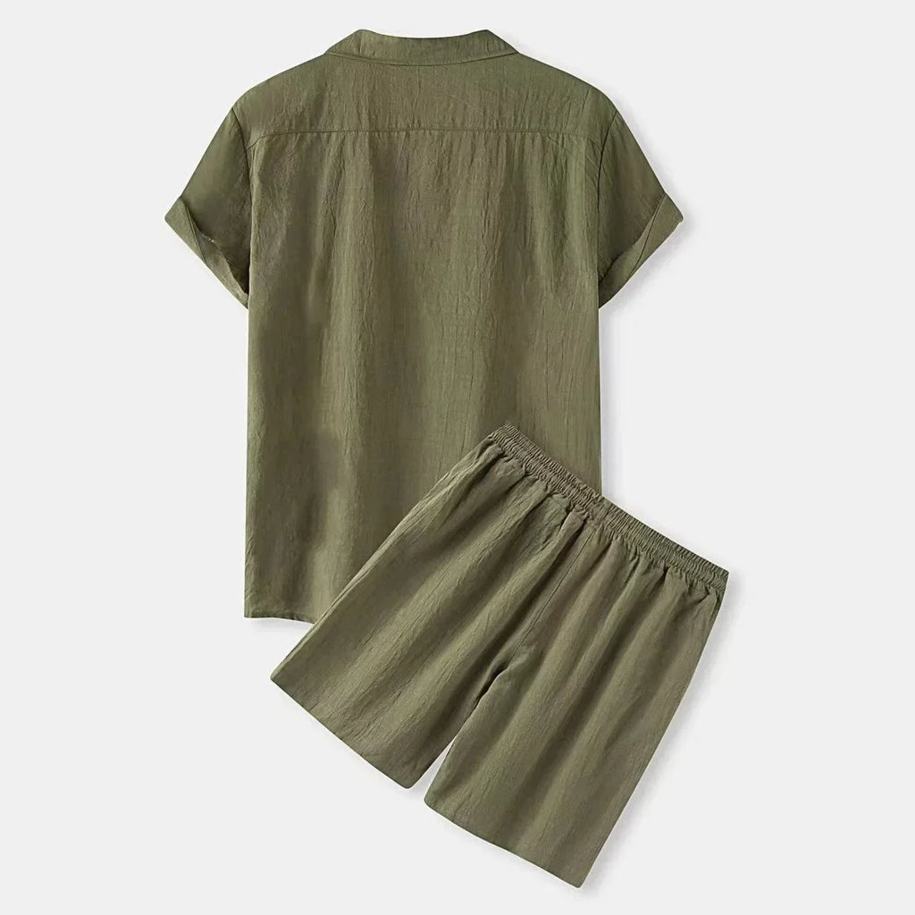Summer Solid Cotton and Linen Suit Men'SSolid Color Fashion Lapel Short-sleeved Shirt Shorts Two-Piece Set S-3xl