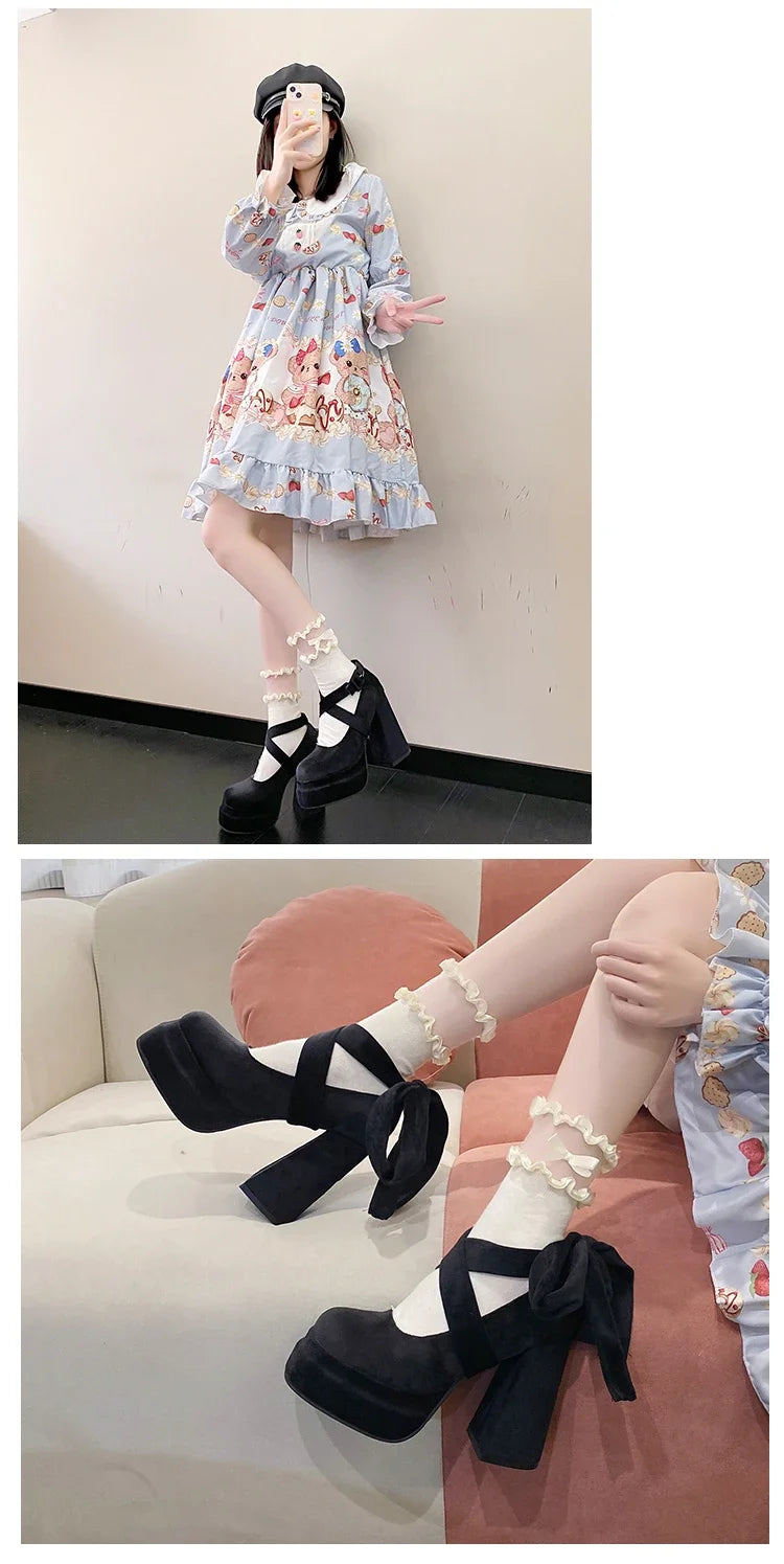 Platform Mary Janes Shoes Women Suede Luxury High Heel Lace Up Trend Lolita Shoes Elegant Chunky Party Pumps Sandalias Muje