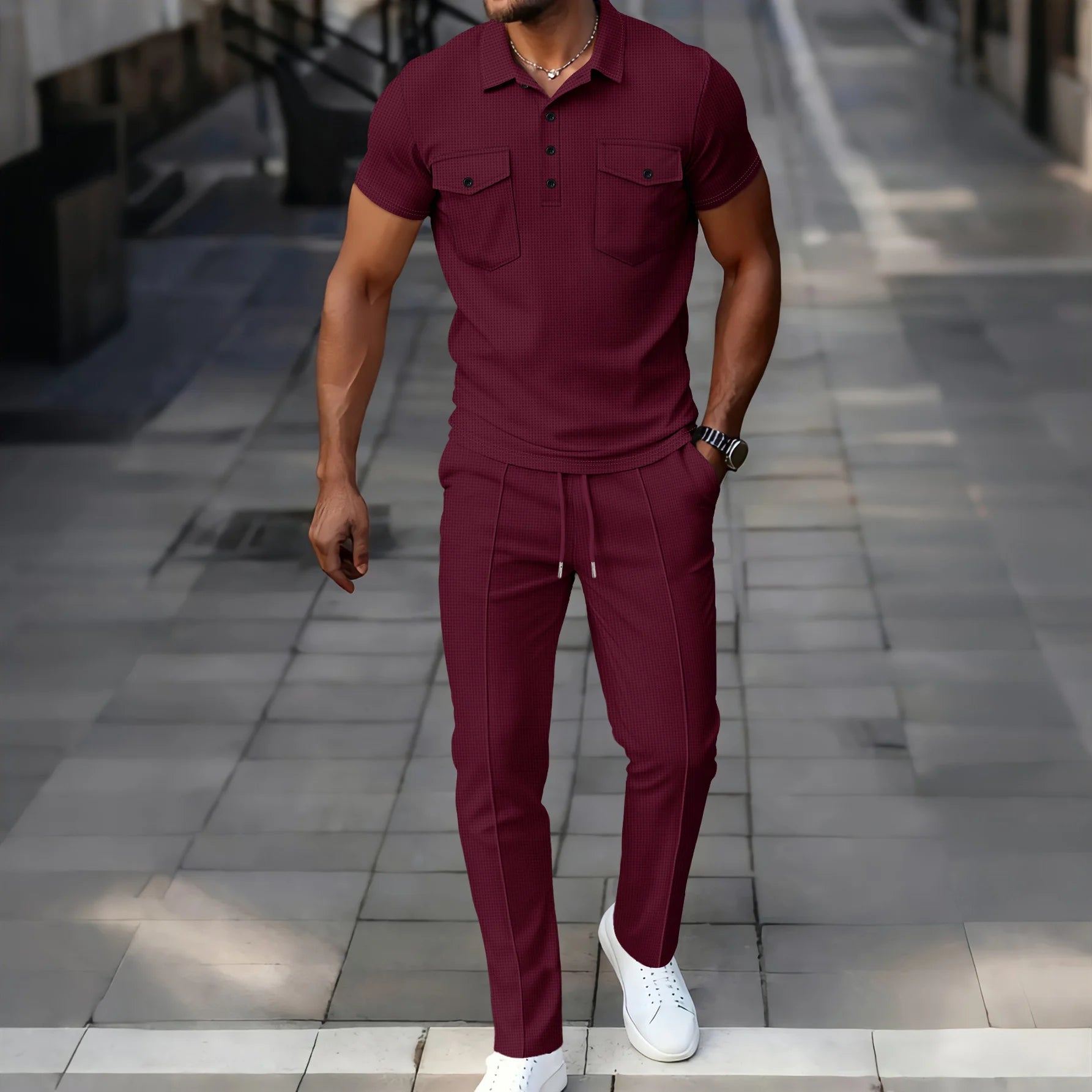 Summer New Men's Waffle Casual Tracksuit, Lapel Collar Double Pocket Solid Polo Shirt and Long Pants Set