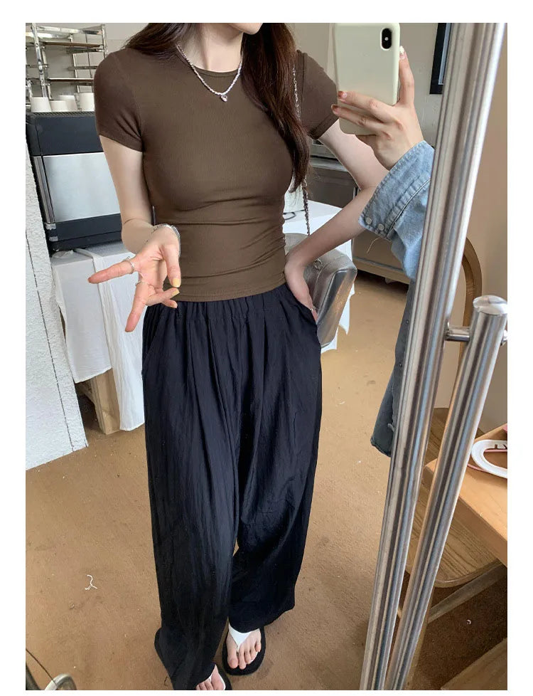 American style spicy girl shoulder T-shirt for women in summer 2025, tight fitting and slimming short top, basic elastic short s