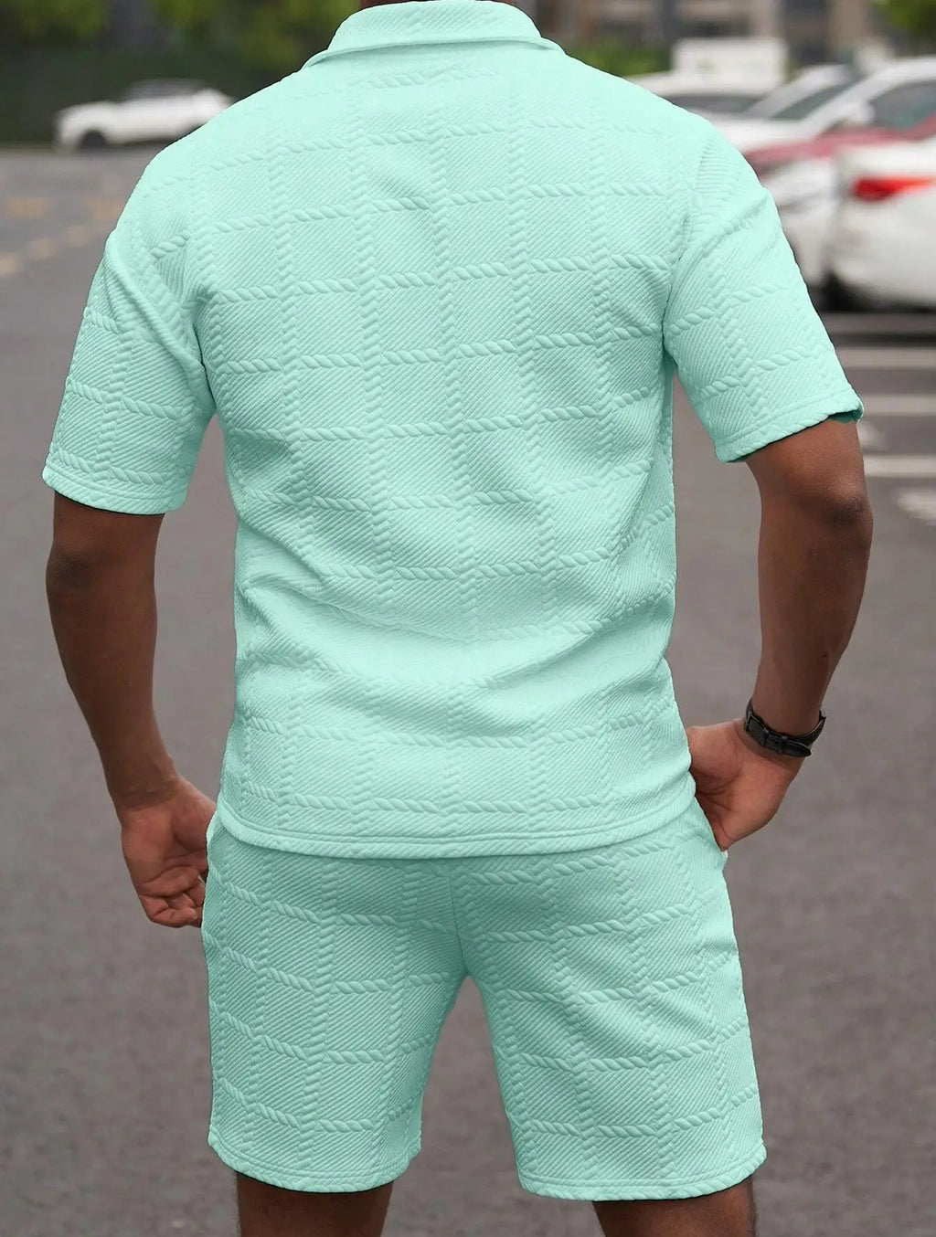 2026Summer Male Casual Two Pieces Suits Vintage Polo Neck Short Sleeve Tops And Shorts Men's Sets Fashion Plaid Textured Outfits