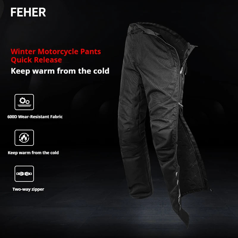 FEHER Motorcycle Pants Winter Waterproof Quick-release Thermal Motorbike Trousers Unisex Built-in Removable CE Protective Gear