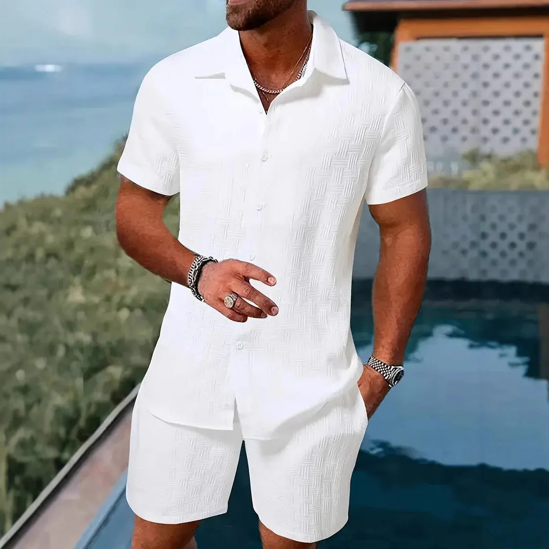 Summer Solid color Cotton linen Men's Shirt Set Fashion lapel Jacquard Short-sleeved Shirt Shorts 2 Piece Set Men's Shorts Suit