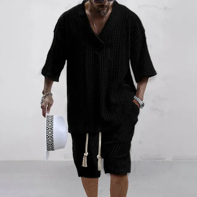 2024 Spring and Summer Casual Shorts Set Knitted Two Piece Men's V-neck Short Sleeve T-shirt and Shorts Street Wear Knitted Set