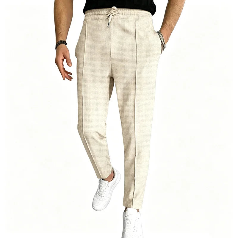 Men Waffle Knit Slim Fit Pants Drawstring Trousers With Pockets Stylish Design Spring Autumn Outdoor Travel Daily Street Wear