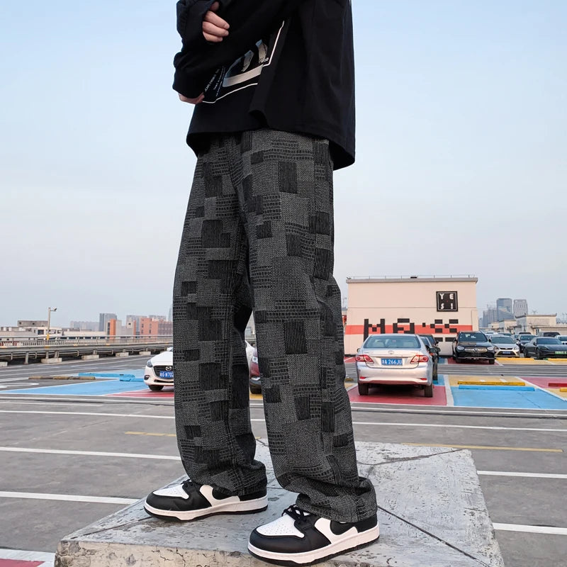 Blue Black Plaid Jeans Men Retro Casual Wide-leg Jeans Mens Streetwear Loose Hip-hop Straight Denim Trousers Men Vintage Jeans
