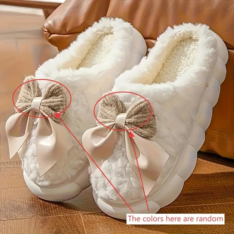 Women'S Bow Designed Fleece-Lined Slippers Soft Sole, Quiet Wear, All-Season Comfort, Ideal for Home Use, Perfect Christmas Gift