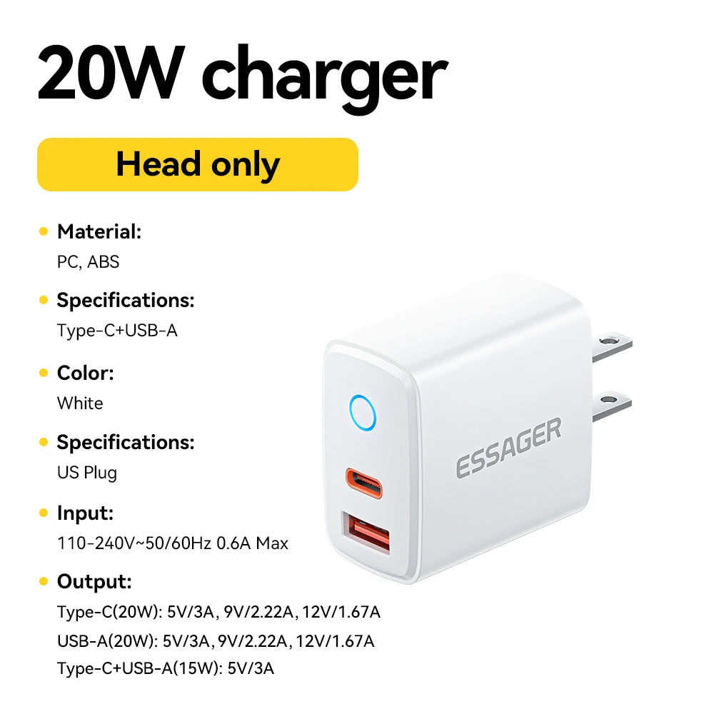 Essager 20W USB Type C Charger 3A PD Quick Charge With Type-C Lighting Micro Cable Fast Charging For iPhone 17 16 Xiaomi Huawei