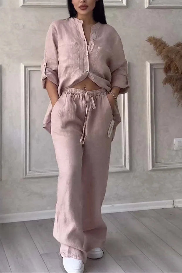 Spring Autumn Cotton Linen Long Sleeved shirt + Long Pants Two-piece Set Women Casual V-neck Shirt Drawstring Wide leg Pant Suit