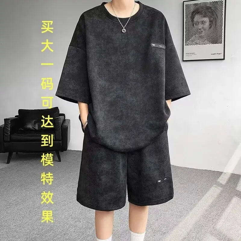 Asian Size M-8XlTie Dye Ice Silk Two-piece Set Men Polyester Short Sleeve Shorts Suit Slim Fit High Quality Basic Outfits Summe